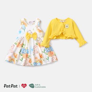 PatPat Care Bears 2pcs Baby/Toddler Girl Cotton Long-sleeve Ruffle Trim Cardigan and Floral Print Tank Dress Set  - Yellow