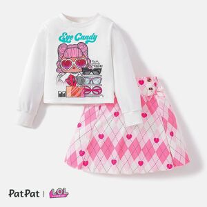 PatPat L.O.L. SURPRISE! 2pcs Kid Girl Letter Print Sweatshirt and Plaid/Pink Bow Design Smocked Skirt Set  - White