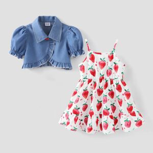 PatPat Baby Girl 2pcs Cooling Denim Cardigan and Strawberry Print Dress Set  - REDWHITE