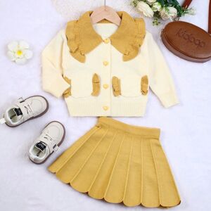 SHEIN Young Girl Contrast Collar Cardigan & Knit Skirt Yellow 6Y,2Y,3Y,4Y,5Y Girls