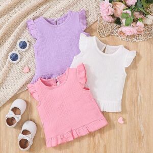 SHEIN Baby Girl 3pcs/Set White, Pink, Purple Woven Short Flutter Sleeve Cute Daily Casual Tops Multicolor 6-9M,9-12M,12-18M,18-24M,2-3Y,3-6M Girls