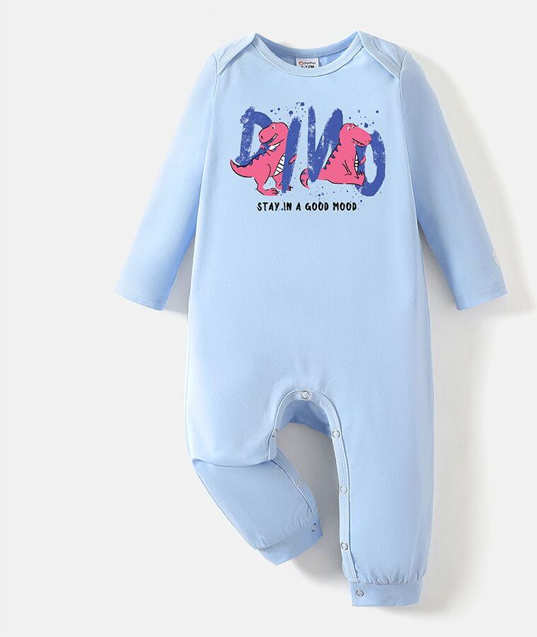 PatPat [0M-24M] Go-Neat Water Repellent and Stain Baby Boy/Girl Dinosaur & Letter Print Long-sleeve Jumpsuit  - Light Blue