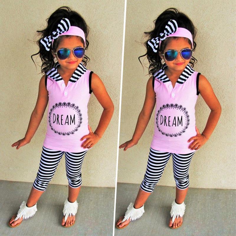 Little Fashionistas 3 Pieces Girls Clothing Set, Casual Sleeveless T-Shirt + Long Striped Pants + Bow Headband