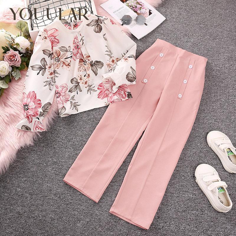 YOUULAR Girl 2023 Spring and Autumn clothing suit plant floral print long sleeve top + loose trousers 2-piece children's clothing