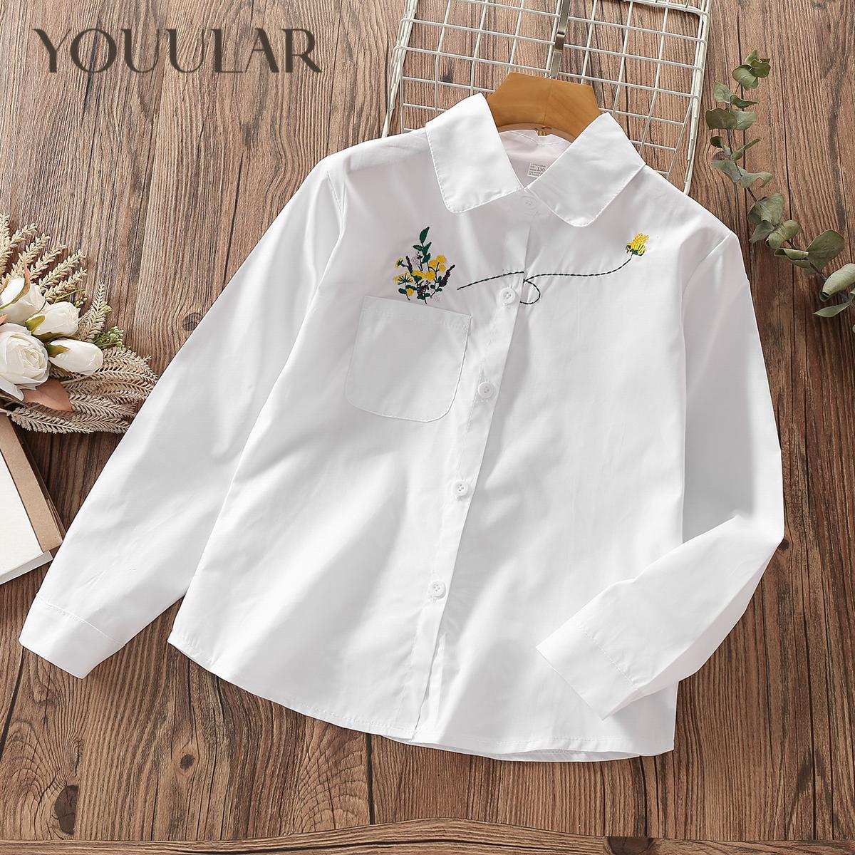 YOUULAR Teenagers School Shirt for Girl Blouse Cotton Tops Long Sleeve Lace Kids Clothes Spring Autumn Baby Children Clothing 6 7 10 14Y
