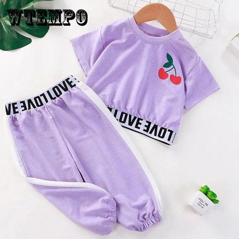 WTEMPO 2PCS Children Clothing Set Spring Summer Girls Suits Printing Letter Cherry Short Sleeve Tops + Pants Clothing Set