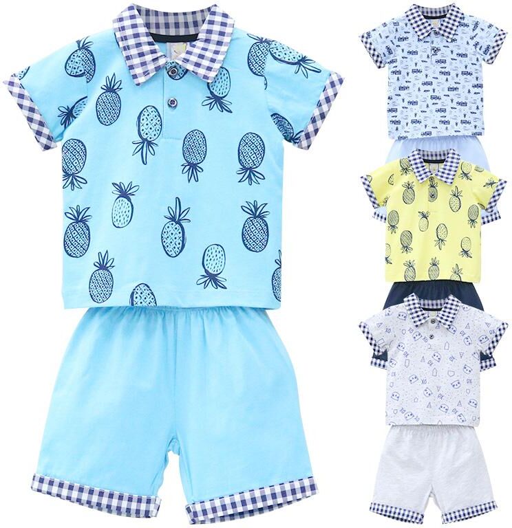 Little Q Children Clothing Boys Baby Short Sleeve T-Shirt+Shorts Two Pieces/Set Kids Pure Cotton Outfits Button Lapel Printed Children's Clothing Summer