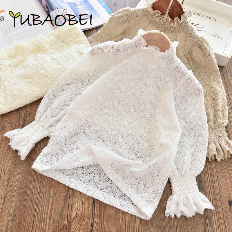 YUBAOBEI Girls White Long Sleeved Bottoming T-shirt Spring Children's Lace High-neck Blouse Tops Autumn Children's Clothing