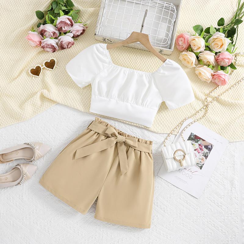 happy going Summer Children's Clothing Short Sleeve Top + Shorts Set Girls Casual Suit 6-12 Y Holiday Vacation Daily Casual Set