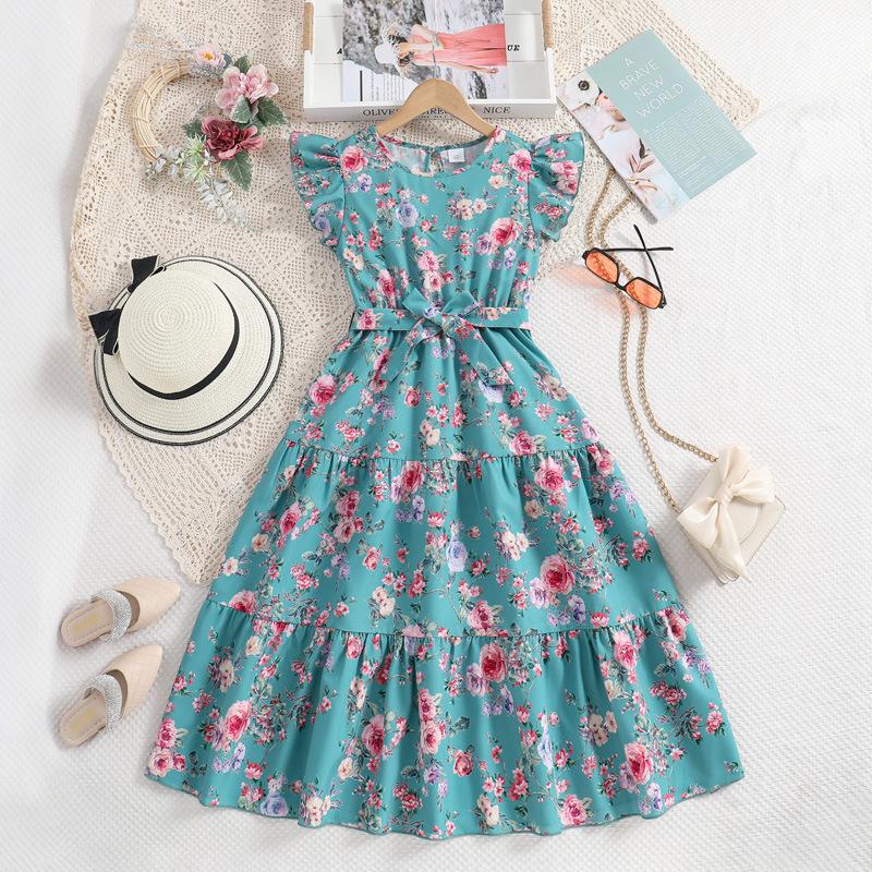 happy f D Summer Children's 6-12Y Clothing New Foreign Style Fly Sleeve Floral Print Princess Dress Girls Dress Casual Dresses