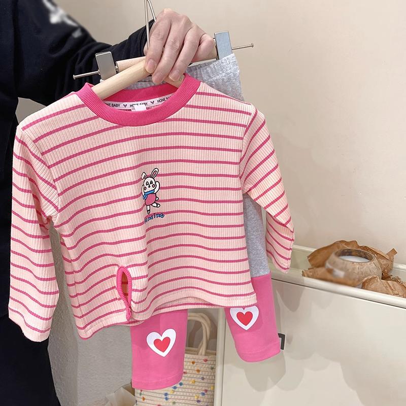 Selfyi Children's T-shirt and Pants Two-piece Set Girls' Round Neck Long Sleeved Striped Top Patchwork Leggings Kids Clothing Set