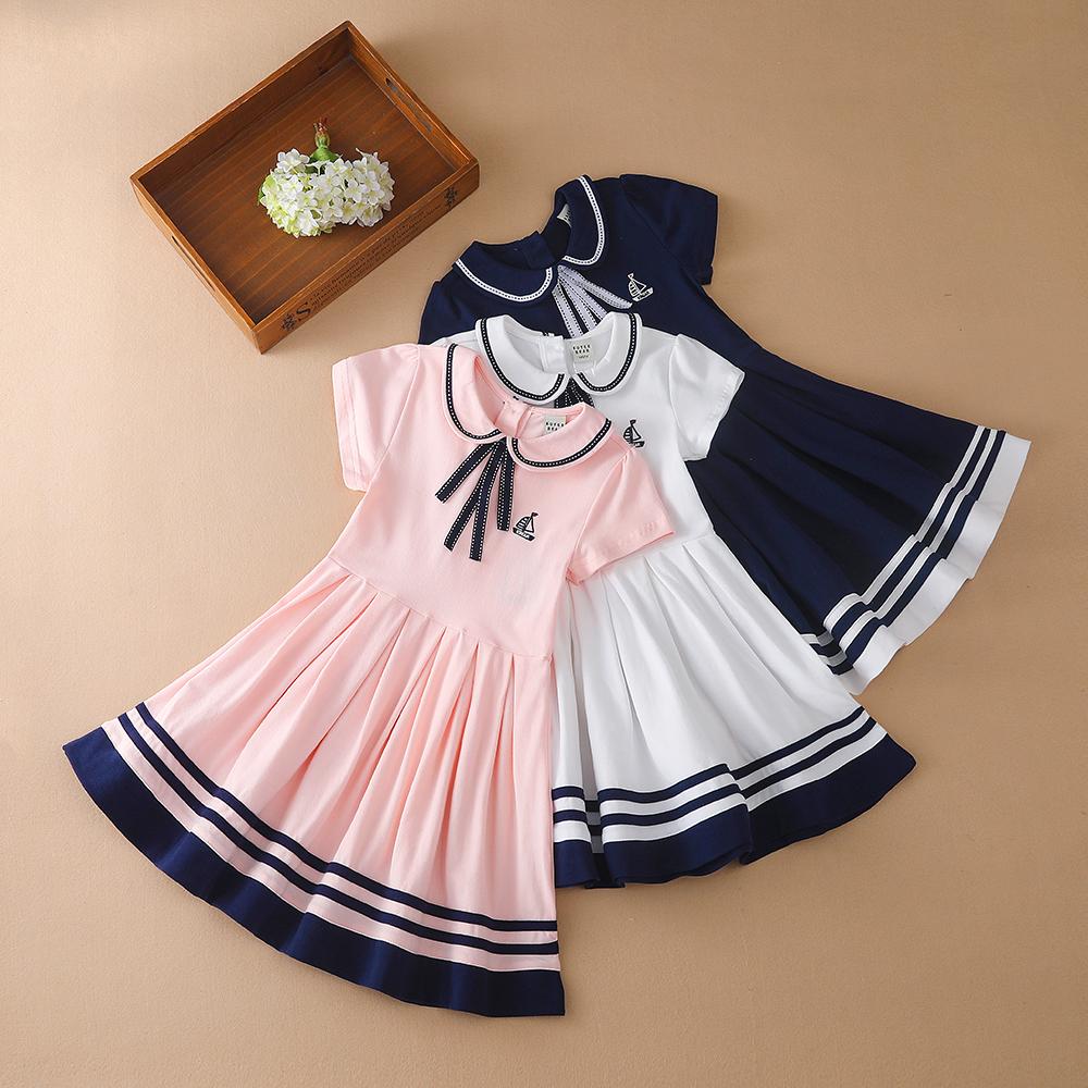 Kuyeebear Children Summer Dress 4-12 Years Short Sleeves Turn-Down Collar Preppy Style Kids Clothes Little Girls Cotton Clothing