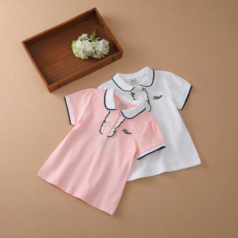 Kuyeebear Girls Polo Shirt Summer Short Sleeves Tops Children Cotton T-shirt Turn-down Collar Clothing 4-12 Years Kids Cute Clothes