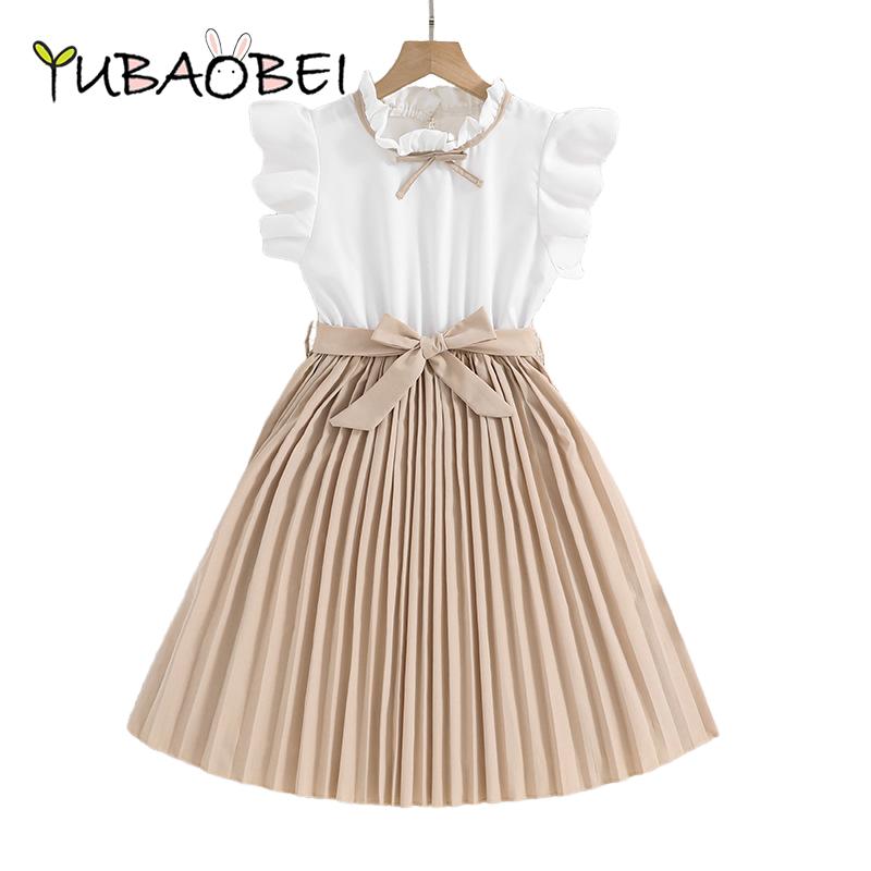 YUBAOBEI Summer Girls Dress 2024 Children Bow Pleated Long Dress Princess Dress Kid's Clothing