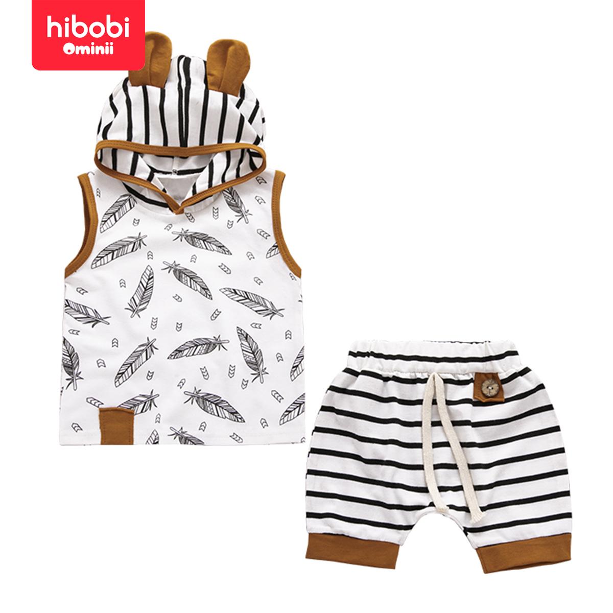 hibobi New Children's Clothing Summer Hot Sale Striped Animal Pattern Print Casual Pullover Shorts Two-Piece Set