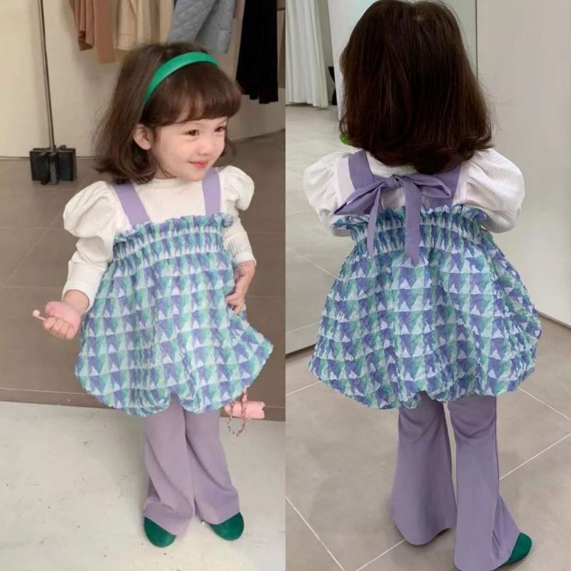 Selfyi Kids Girls' Clothing Flared Pants Plaid Vest And Bottoming Shirt Children's Three Piece Clothing Set