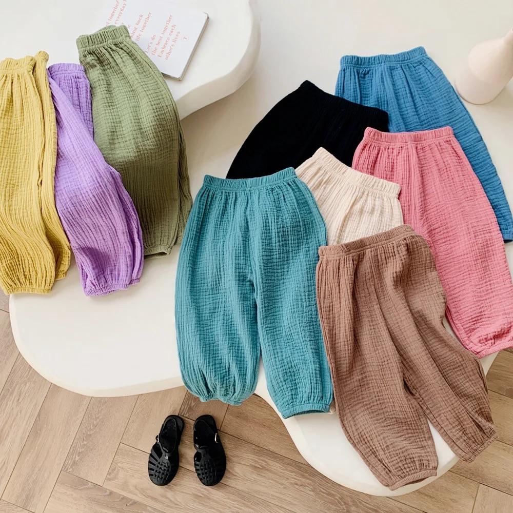 QEENRAAN Sweet Girls Cotton Linen Pants Baby Kids Casual Loose Harem Pants Spring Summer Girl Breathable Pant Children Clothing
