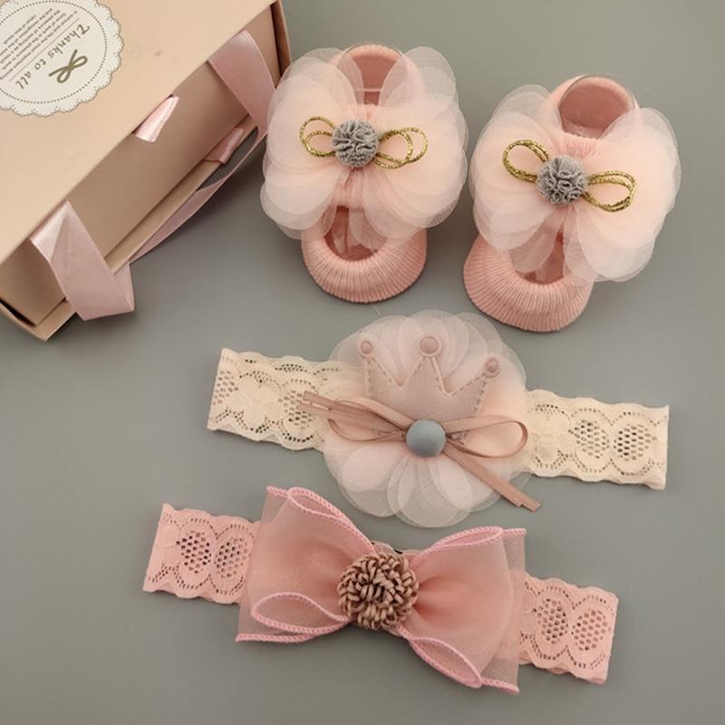 I LOVE DAD 3Pcs/Set Lace Flower Baby Girl Headband Socks Set Crown Bows Newborn Hairband Headbands for Girls Turban Baby Hair Accessories