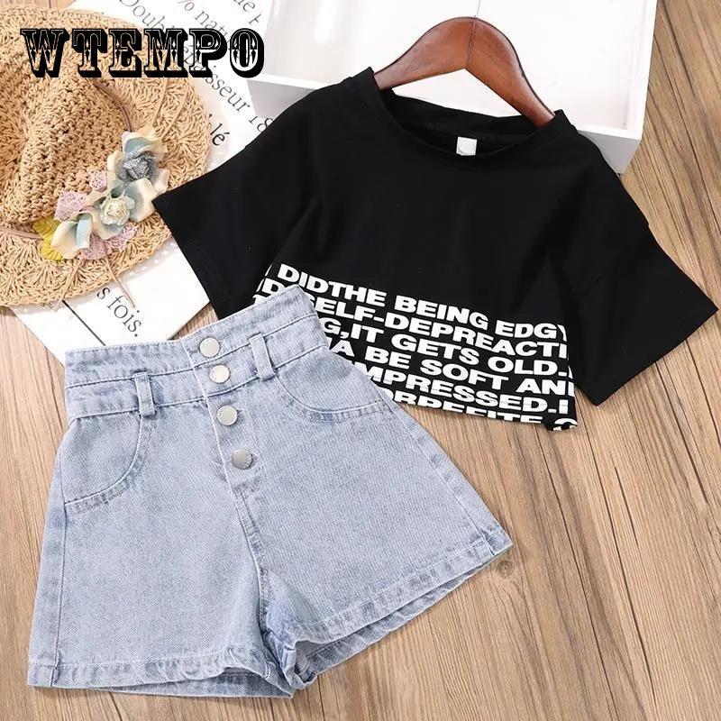 WTEMPO 2PCS Children Clothing Set Spring Summer Girls Suits High Waist Denim Shorts Printing Letter Middle Sleeve Tops Clothing Set