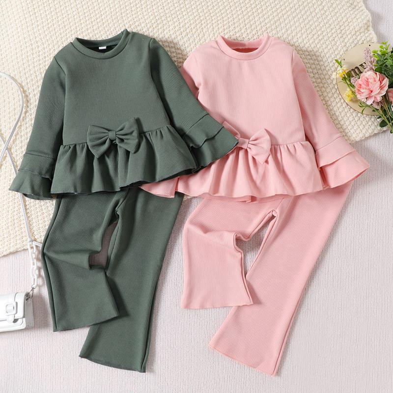 Selfyi Children Girl's Top and Flared Pants Set Solid Color Long Sleeved Pullover Trousers Kids Clothing Set