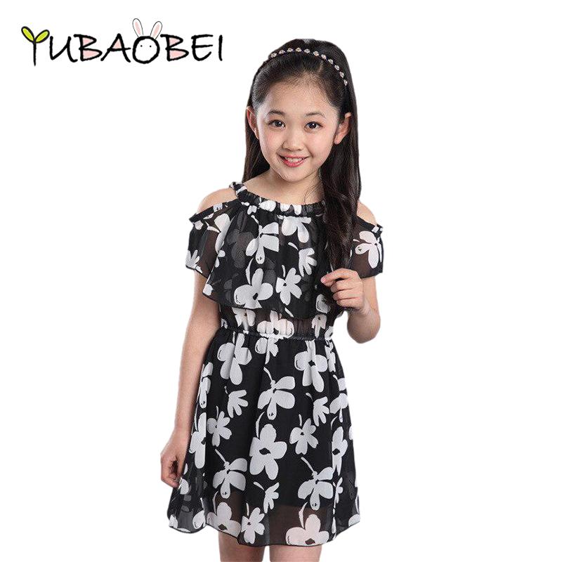 YUBAOBEI Chiffon Girls Dress Summer Teen Off The Shoulder Girls Short Sleeve Dresses Flower Princess Party Black Gown Children's Clothing