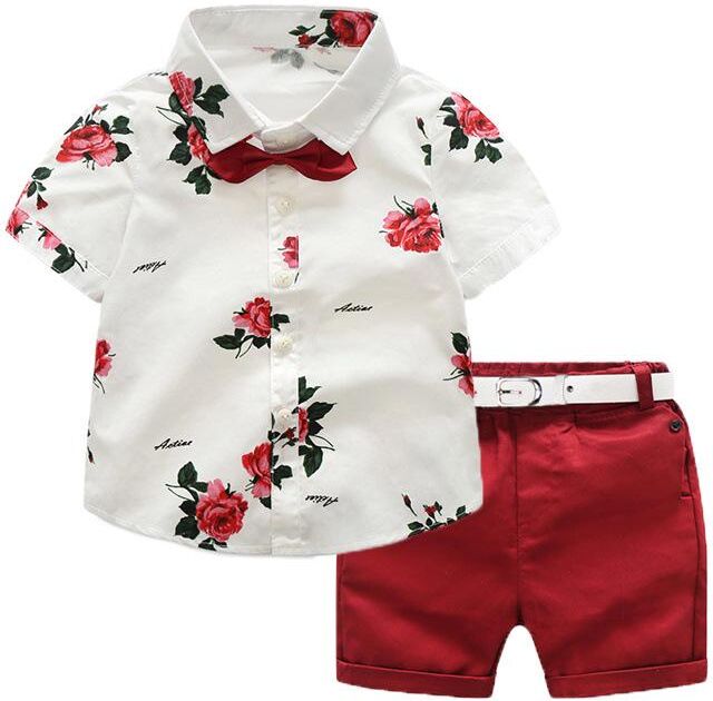 Fashion Nessa Summer New Boys Children's Clothing Printed Shirt Casual Shorts Two Pieces Sets with Belt