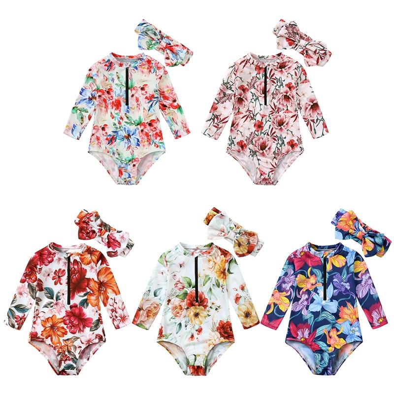 Kidsyuan Baby Girl's Floral Jumpsuit + Headband Quick Drying Long Sleeved One-piece Swimsuit