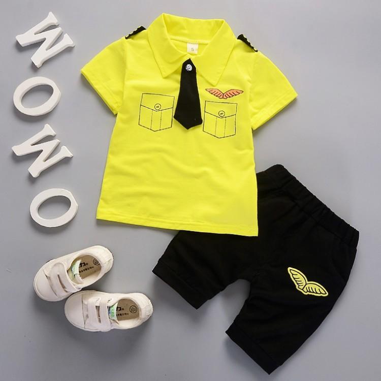 Fashion Nessa Children's Clothing New Summer Baby Boys Short Sleeve Tie Badge Two Piece Set Fashion Cartoon Casual Cotton Suit