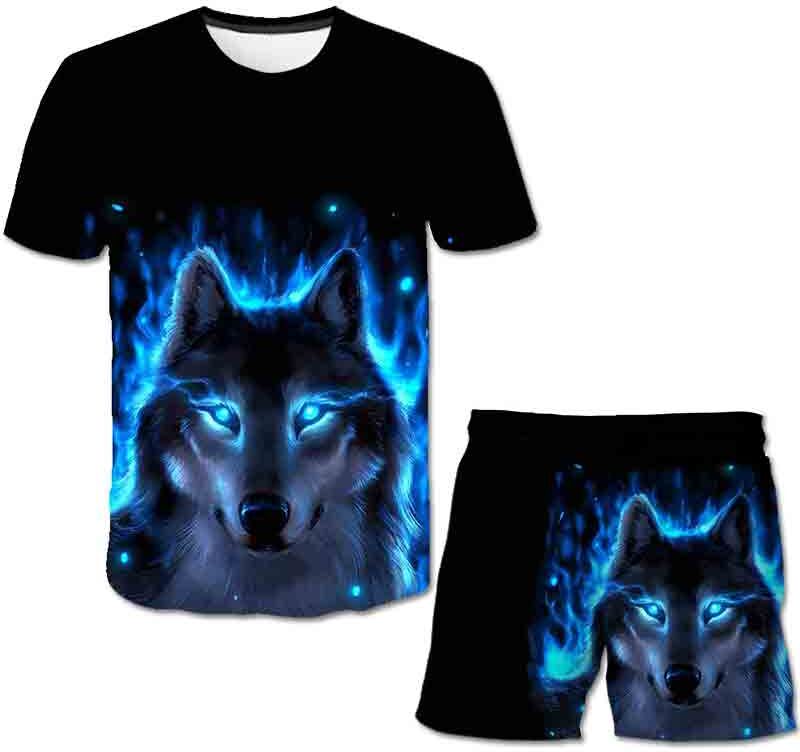 ULao Summer Children's suit T-shirt Wolf T Shirts Shorts Suits Boys Girls Cartoon Short Sleeves Tops + Elastic Waist Trousers 2PCS Clothing Outfits