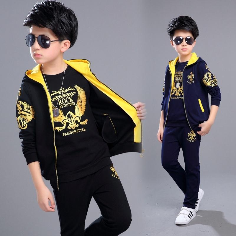 vinc 3pcs Set Boys Clothing Set Hooded Vest Jacket T-shirt Pant Children's Sports Suit 3-12Years Old