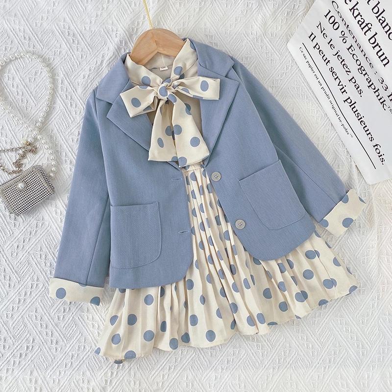 YUBAOBEI Girls Baby Spring Autumn Clothes Girls Casual Blazer Solid Color Dot Dress 2 Pcs Suit Children's Clothing