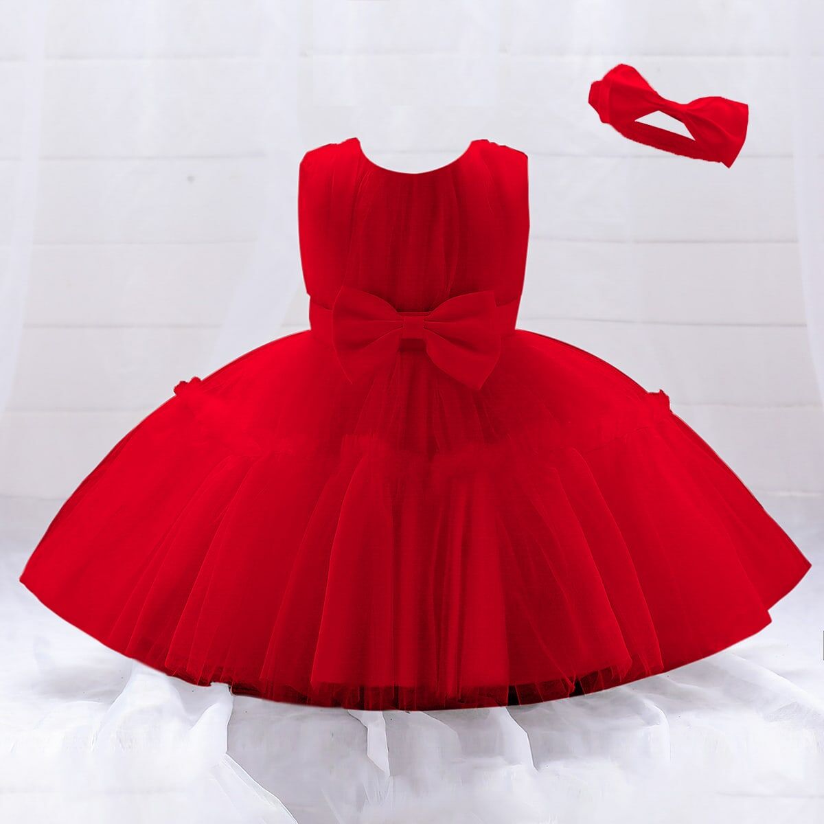 SHEIN Baby Girl Princess Dress With Puff Skirt And Hair Accessories For 1st Birthday Party Or Other Occasions Red 12-18M,18-24M,2-3Y Girls