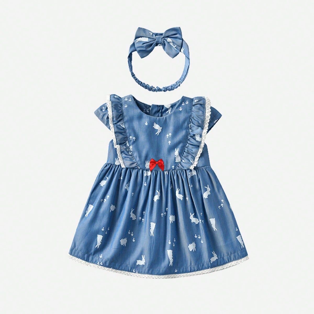 SHEIN Pretty And Delicate Bunny Print Dress And The Same Color Headband For Baby Girls Blue 2Y,3Y,9-12M,12-18M,18-24M Girls