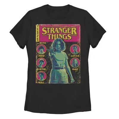 Licensed Character Juniors' Netflix Stranger Things Group Shot Comic Book Cover Tee, Girl's, Size: Medium, Black