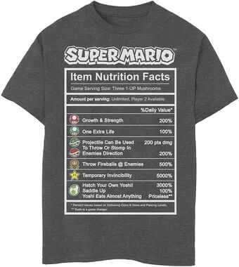 Licensed Character Boys 8-20 Nintendo Super Mario Nutrition Facts Label Graphic Tee, Boy's, Size: Small, Grey