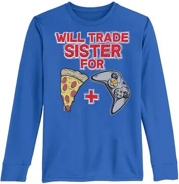 Licensed Character Boys 8-20 Will Trade Sister For Pizza And Video Games Long Sleeve Tee, Boy's, Size: Small, Med Blue