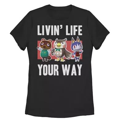 Licensed Character Juniors' Nintendo Animal Crossing Living Life Your Way Tee, Girl's, Size: Large, Black