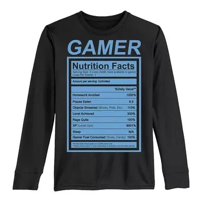 Licensed Character Boys 8-20 Gamer Nutrition Facts Blue Label Funny Long Sleeve Tee, Boy's, Size: Large, Black