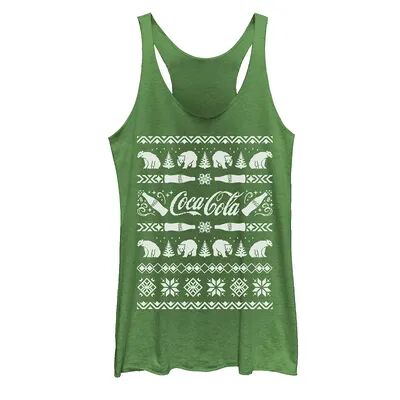 Licensed Character Juniors' Coca-Cola Ugly Sweater Polar Bear Bottles Tank Top, Girl's, Size: XS, Green