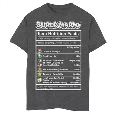 Licensed Character Boys 8-20 Nintendo Super Mario Nutrition Facts Label Graphic Tee, Boy's, Size: Large, Grey