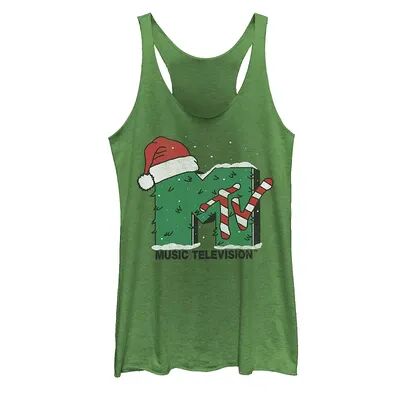 Licensed Character Juniors' MTV Logo Christmas Tree Santa Hat Colors Tank, Girl's, Size: XXL, Green