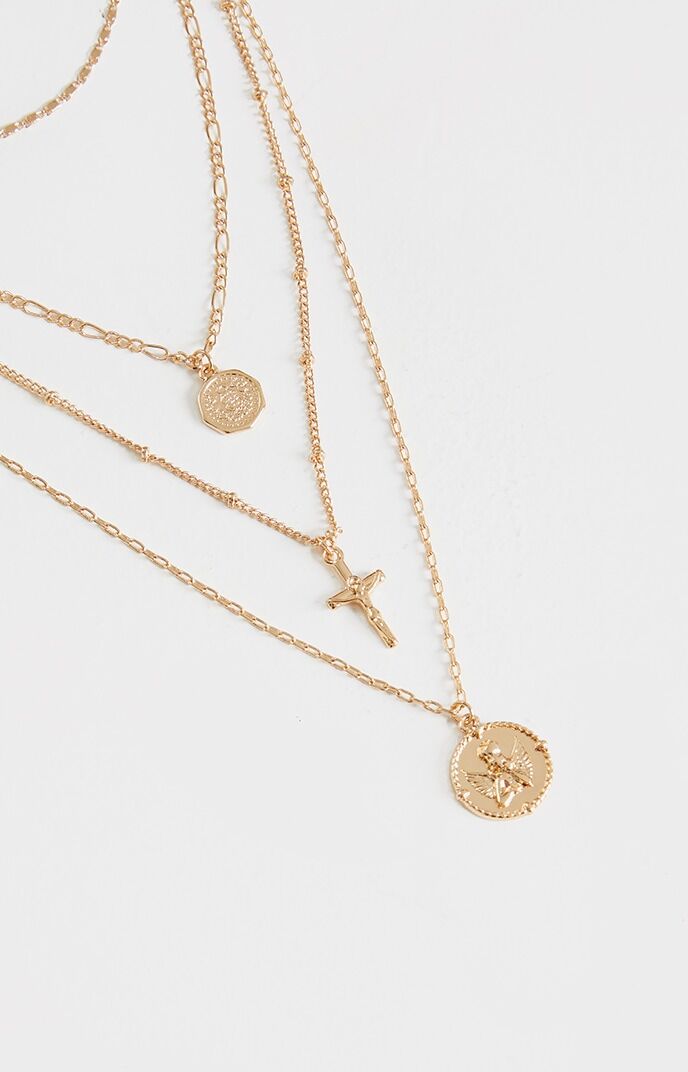 PrettyLittleThing Recycled Gold Cross And Cherub Layering Necklace  - Gold - Size: One Size