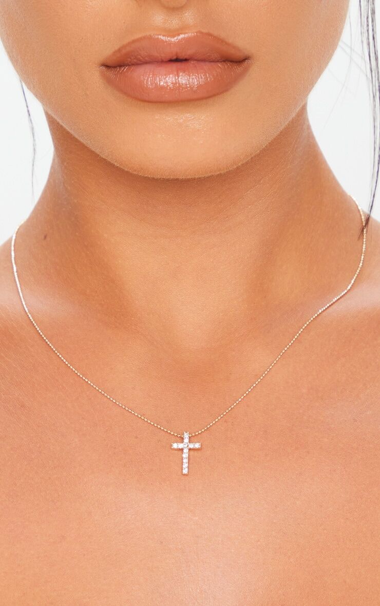 PrettyLittleThing Gold Diamante Mini Cross Necklace  - Gold - Size: One Size