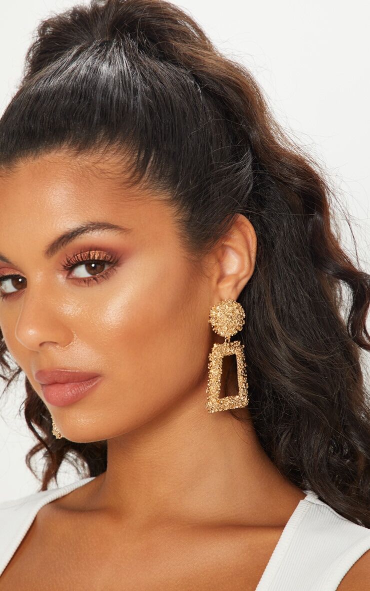 PrettyLittleThing Gold Chunky Textured Square Drop Door Knocker Earrings  - Gold - Size: One Size