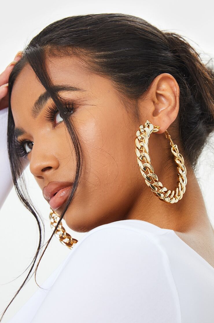 PrettyLittleThing Gold Chain Link Hoop Earrings  - Gold - Size: One Size