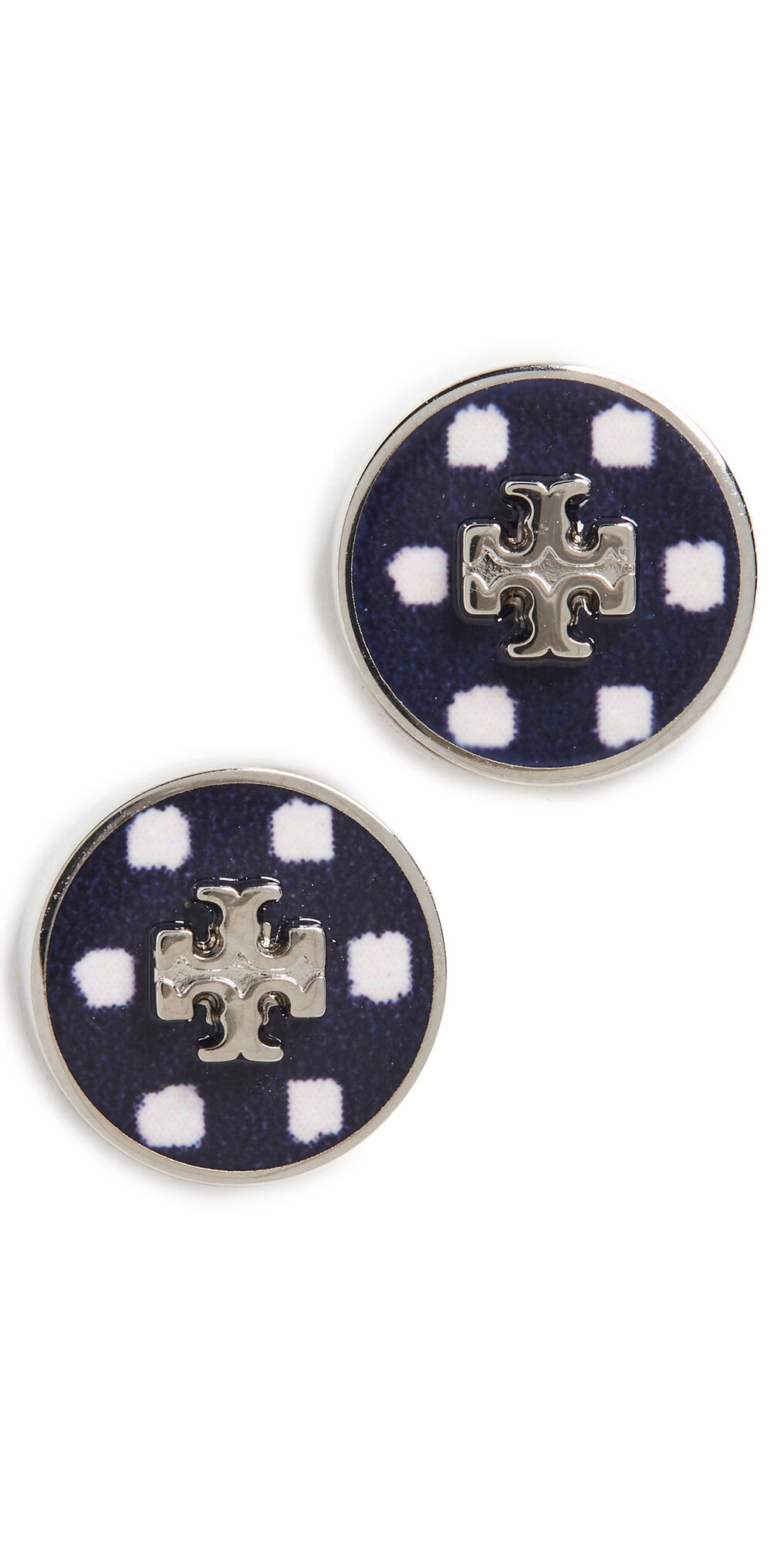 Tory Burch Kira Enamel Printed Circle Stud Earrings Tory Silver/Navy Dot One Size  Tory Silver/Navy Dot  size:One Size