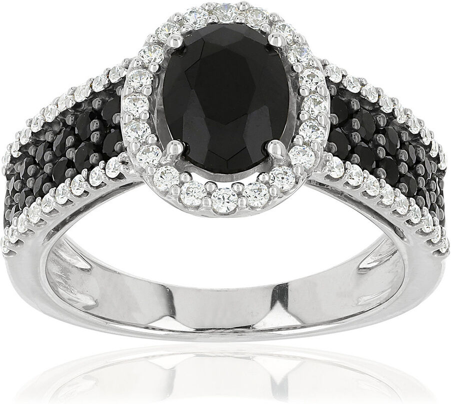 MATY Bague argent 925 ovale pierre imitation noire et zirconias blancs et noirs- MATY