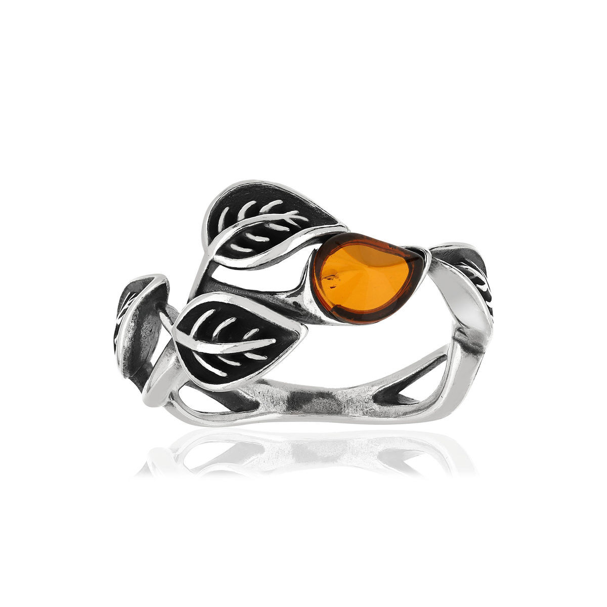 MATY Bague argent 925 vieilli feuilles ambre- MATY