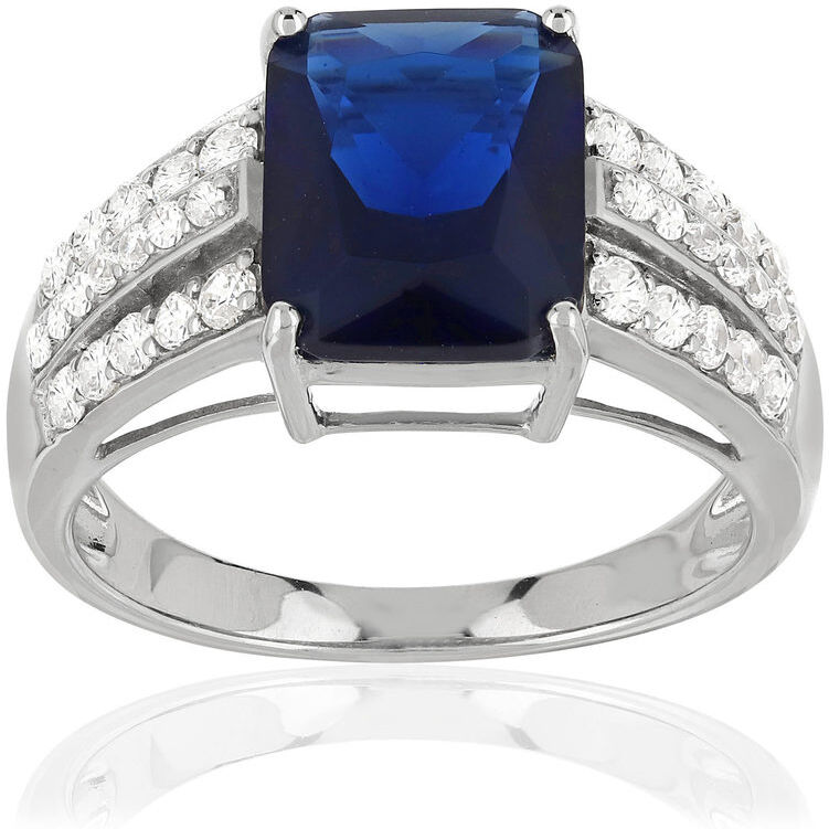 MATY Bague argent 925 pierre bleue rectangulaire et zirconias- MATY