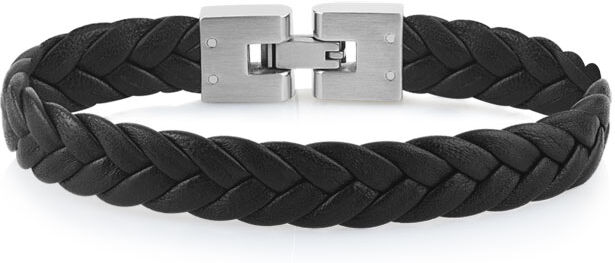 MATY Bracelet acier et cuir noir tressÃ© 19 cm- MATY